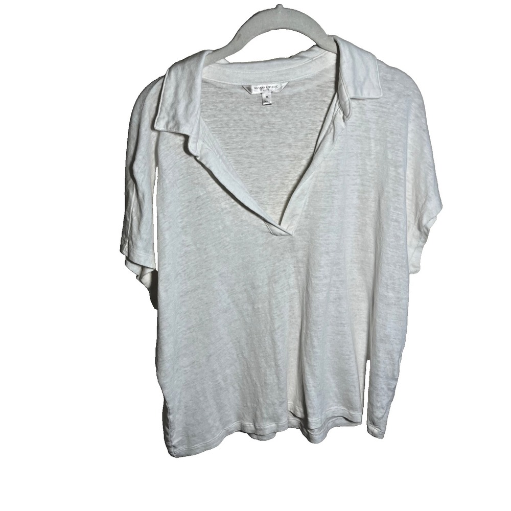 Banana Republic Womens Medium Cream Linen-Blend Short Sleeve‎ Collared Top